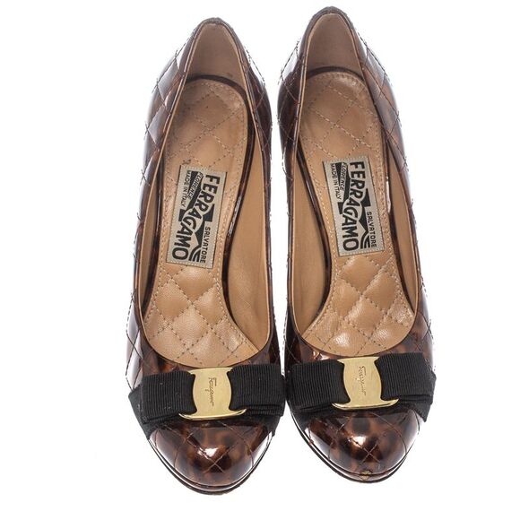 Salvatore Ferragamo Brown Animal Print Quilted Patent Leather Vara Bow Pumps - Picture 3 of 4